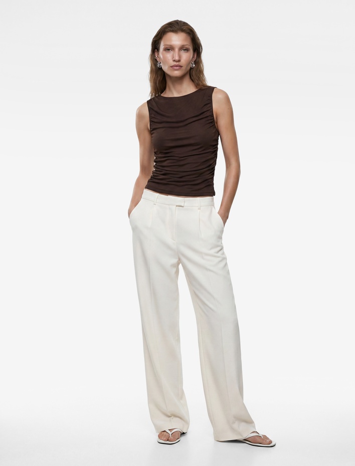  Skinny Fit Bisiklet Yaka Drapeli Kolsuz Tül Bluz