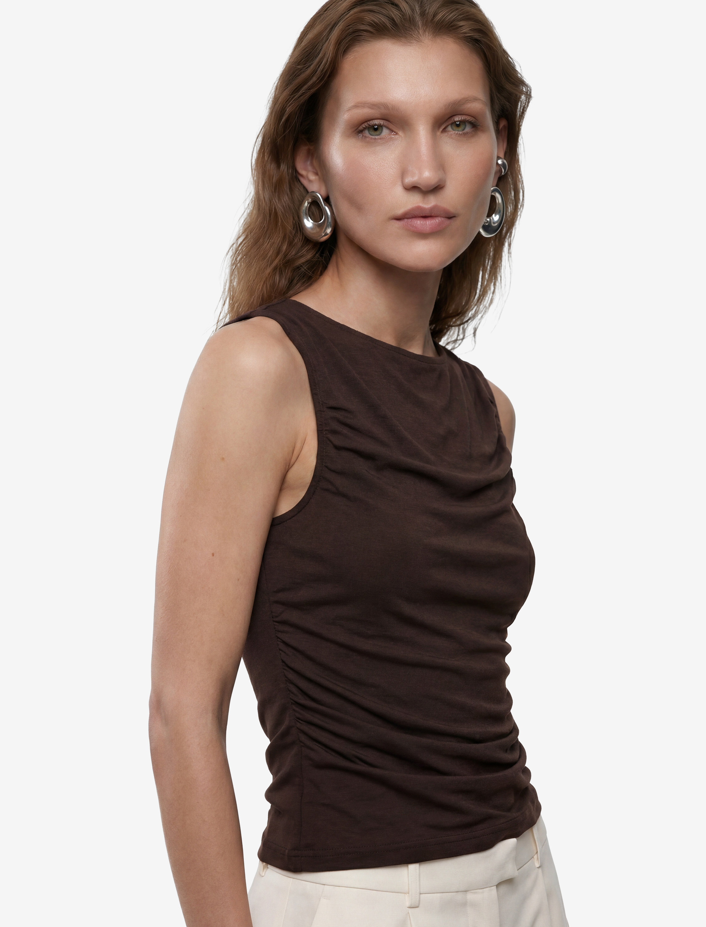   Skinny Fit Bisiklet Yaka Drapeli Kolsuz Tül Bluz