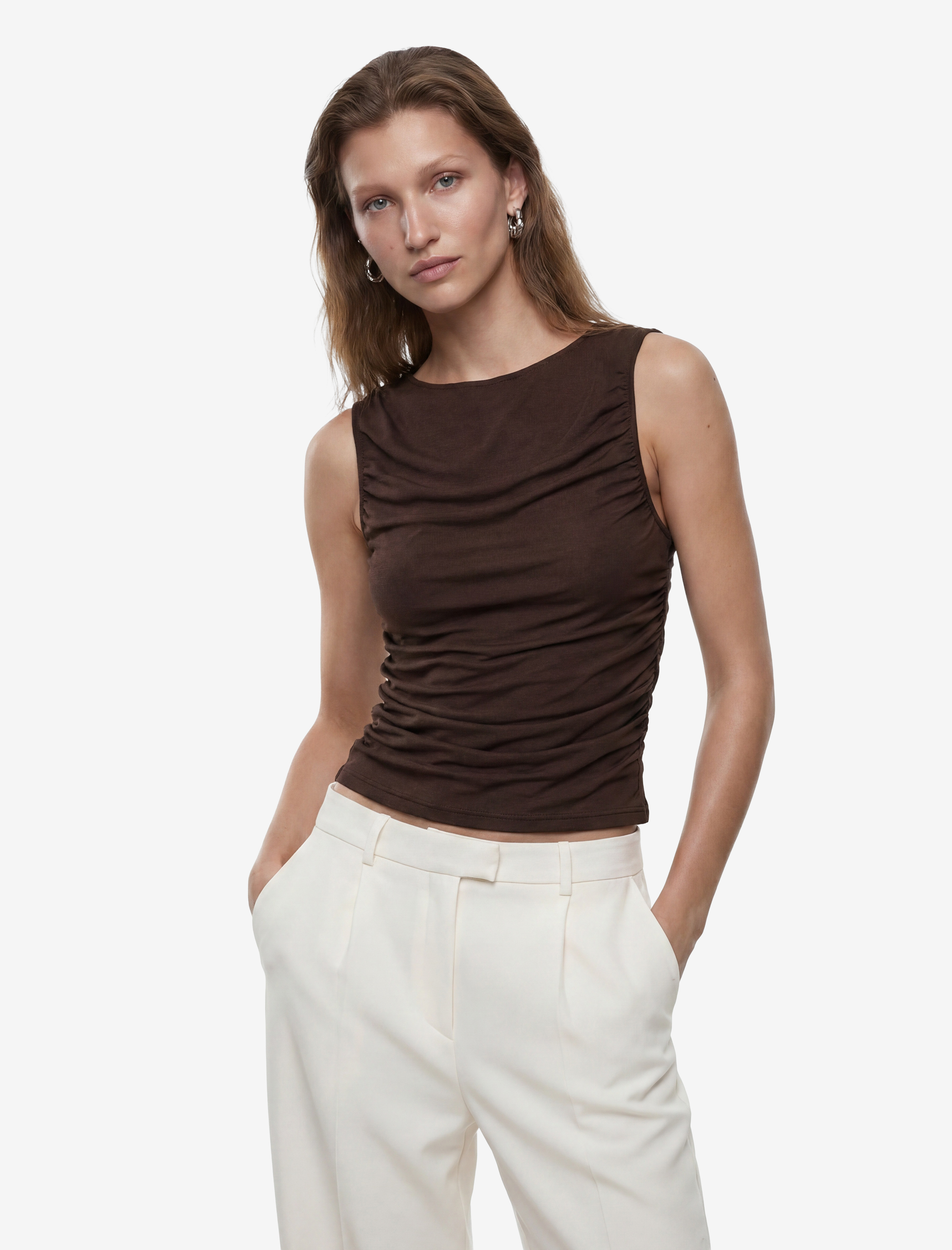  Skinny Fit Bisiklet Yaka Drapeli Kolsuz Tül Bluz