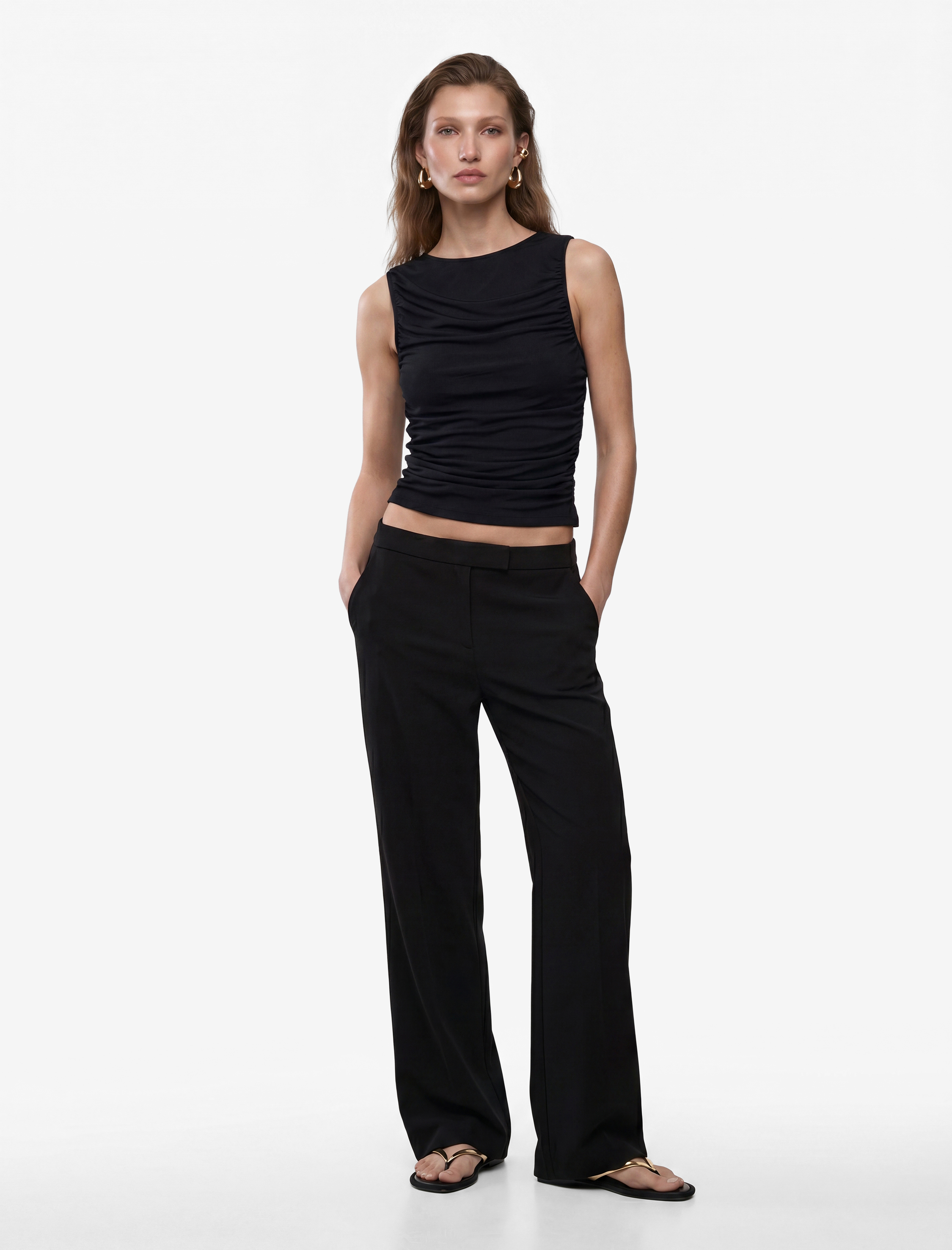   Skinny Fit Bisiklet Yaka Drapeli Kolsuz Tül Bluz