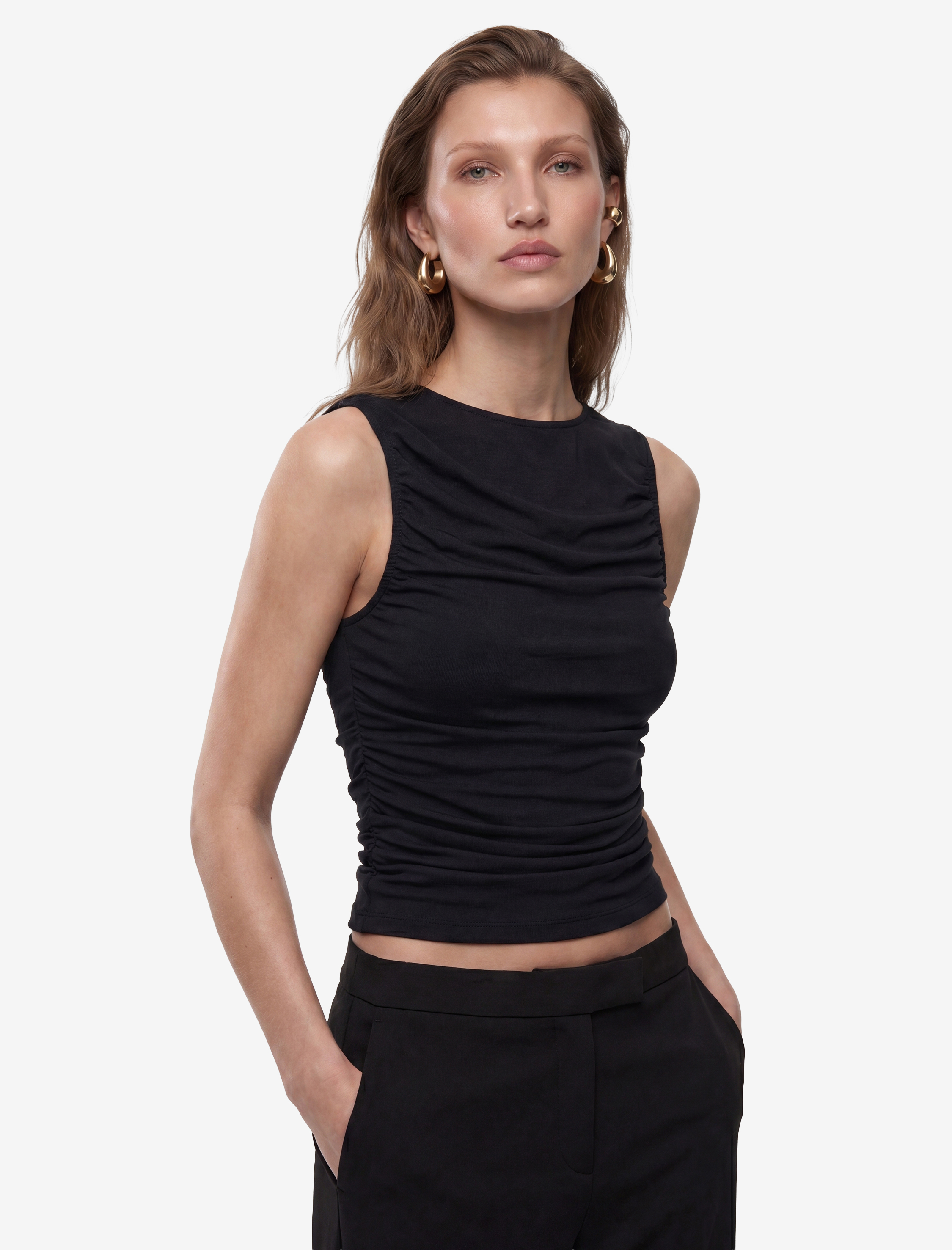   Skinny Fit Bisiklet Yaka Drapeli Kolsuz Tül Bluz