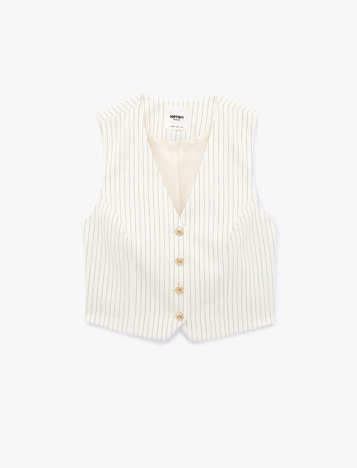  Düğmeli V Yaka Çizgili Blazer Yelek