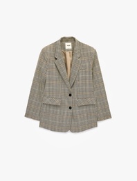 Cepli Düğmeli Uzun Kollu Kruvaze Ekose Blazer Ceket