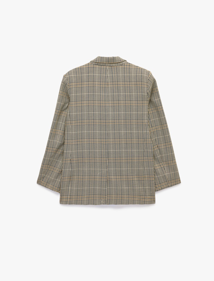  Cepli Düğmeli Uzun Kollu Kruvaze Ekose Blazer Ceket