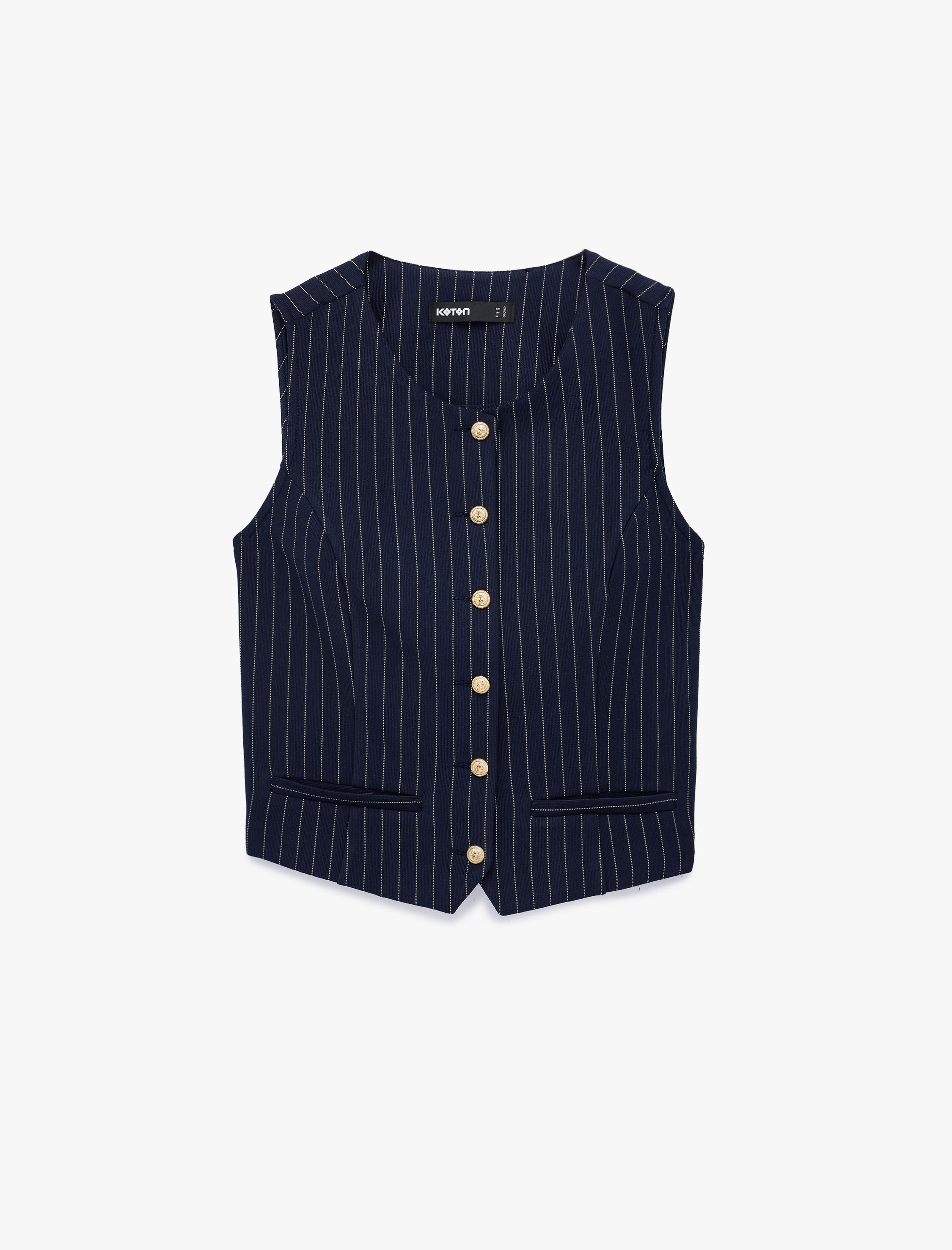   Slim Fit Düğmeli Bisiklet Yaka Çizgili Yelek
