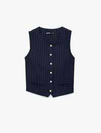 Slim Fit Düğmeli Bisiklet Yaka Çizgili Yelek