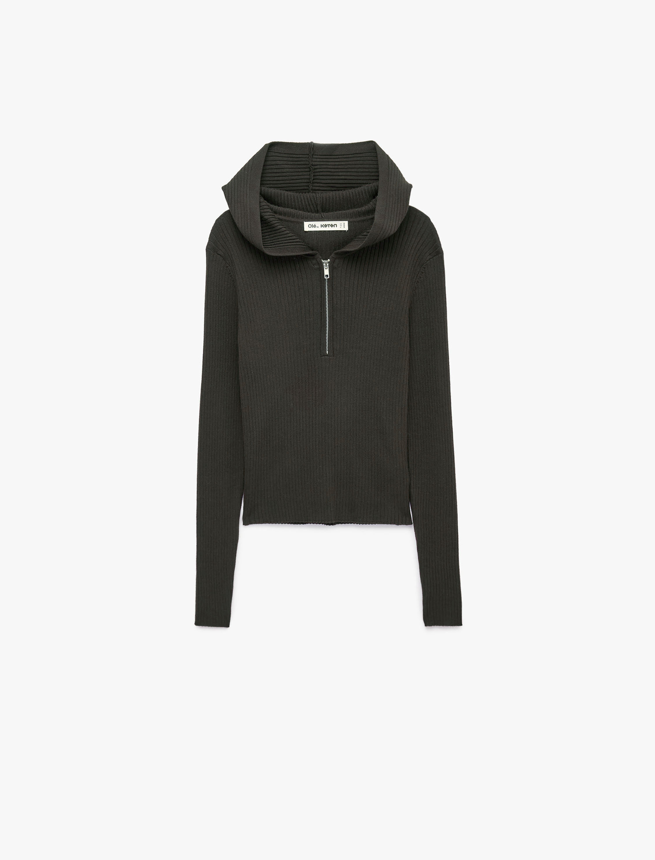   Viskon Slim Fit Uzun Kollu Fermuarlı Kapüşonlu Triko Kazak