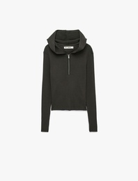 Viskon Slim Fit Uzun Kollu Fermuarlı Kapüşonlu Triko Kazak