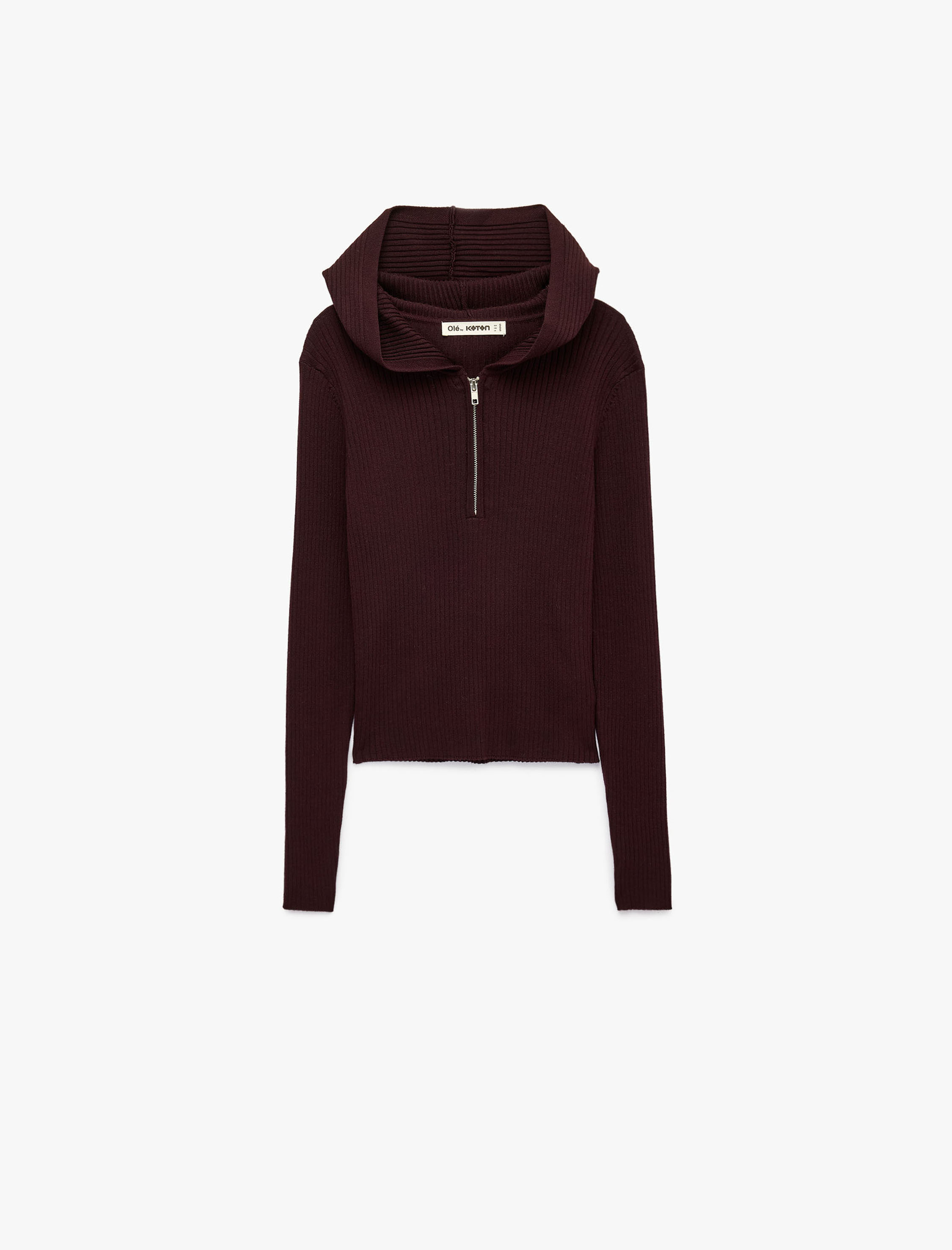   Viskon Slim Fit Uzun Kollu Fermuarlı Kapüşonlu Triko Kazak