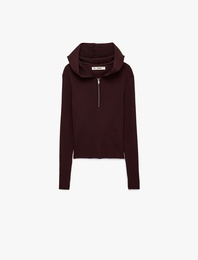 Viskon Slim Fit Uzun Kollu Fermuarlı Kapüşonlu Triko Kazak