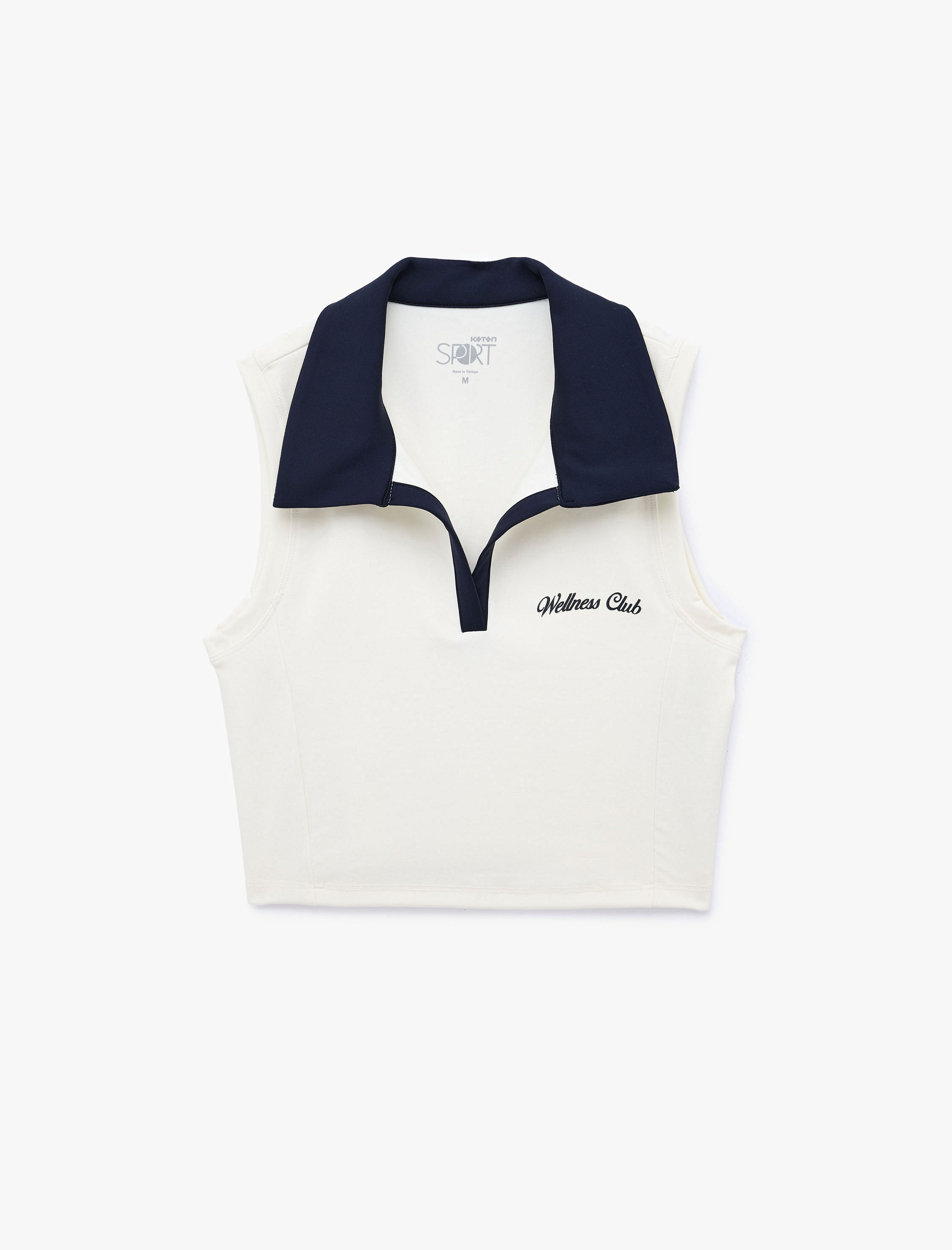   Renk Kontrastlı Polo Yaka Slim Fit Kolsuz Baskılı Crop Spor Bluz
