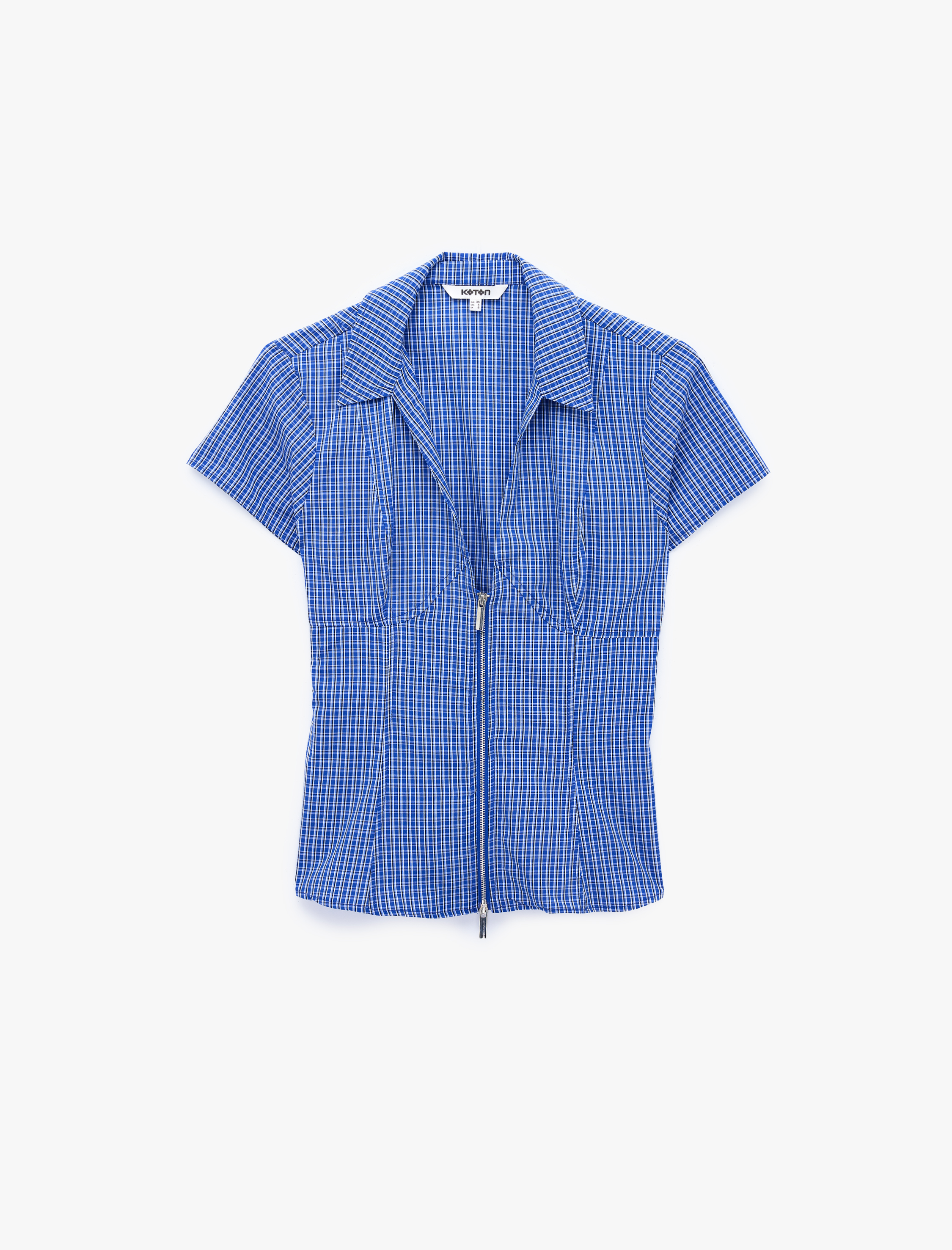   Slim Fit Bel Vurgulu Fermuar Detaylı Pötikareli Poplin Gömlek