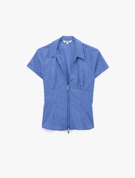 Slim Fit Bel Vurgulu Fermuar Detaylı Pötikareli Poplin Gömlek