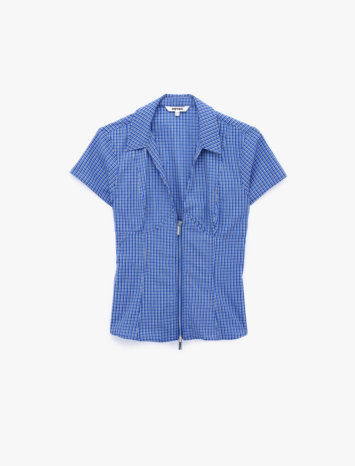 Slim Fit Bel Vurgulu Fermuar Detaylı Pötikareli Poplin Gömlek