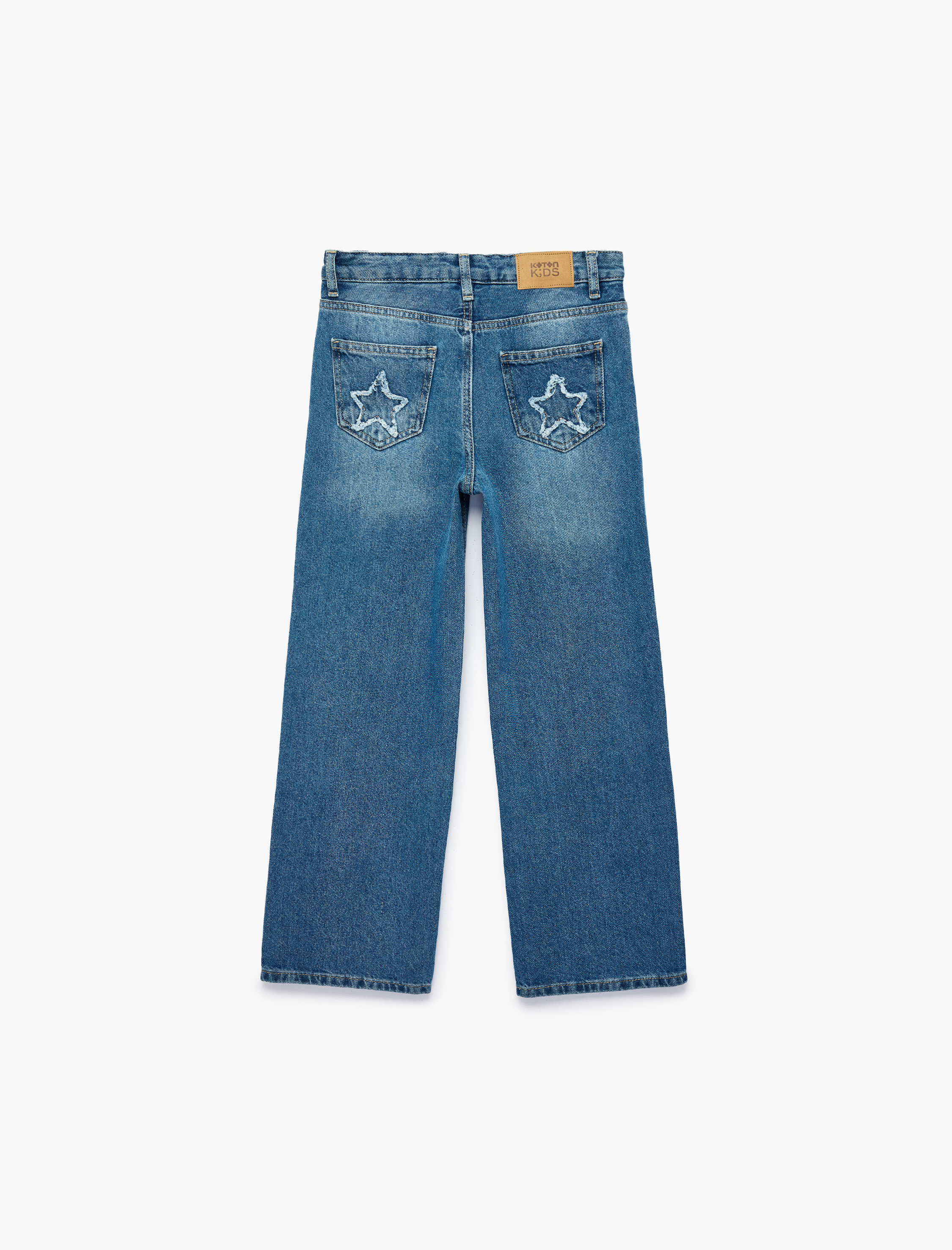  Kız Çocuk Yıldız Detaylı Pamuklu Loose Fit Geniş Paça Denim Pantolon