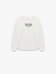Pamuklu Uzun Kollu Bisiklet Yaka Baskılı Sweatshirt