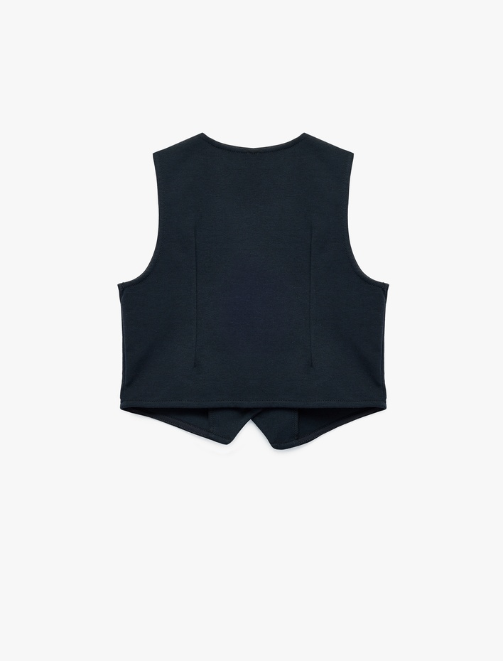 Kız Çocuk V Yaka Kolsuz Düğmeli Crop Bluz