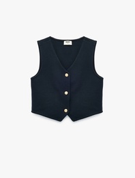 V Yaka Kolsuz Düğmeli Crop Bluz