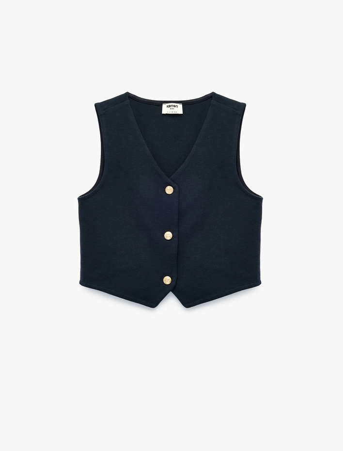 Kız Çocuk V Yaka Kolsuz Düğmeli Crop Bluz