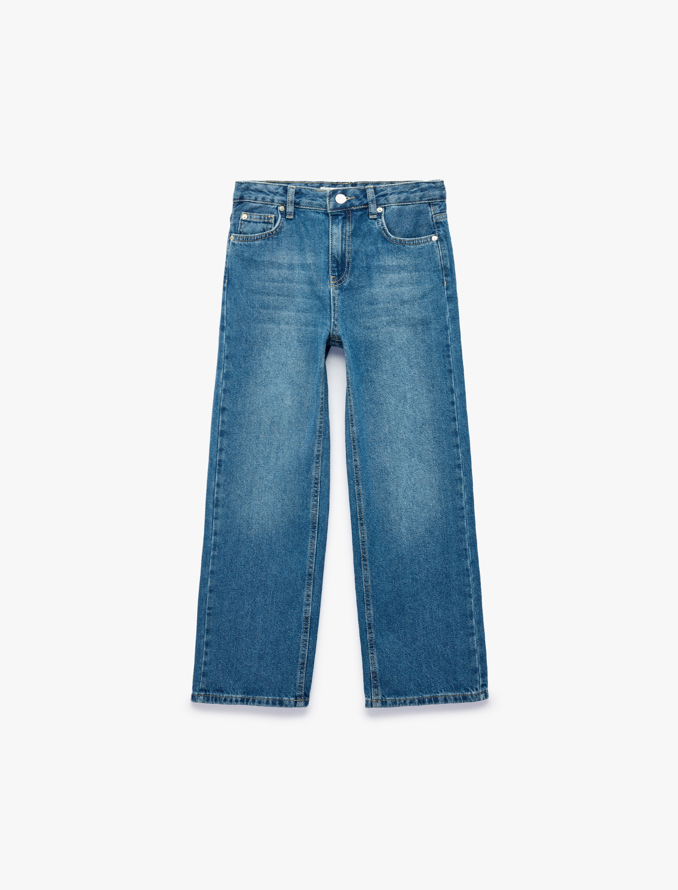  Kız Çocuk Yıldız Detaylı Pamuklu Loose Fit Geniş Paça Denim Pantolon