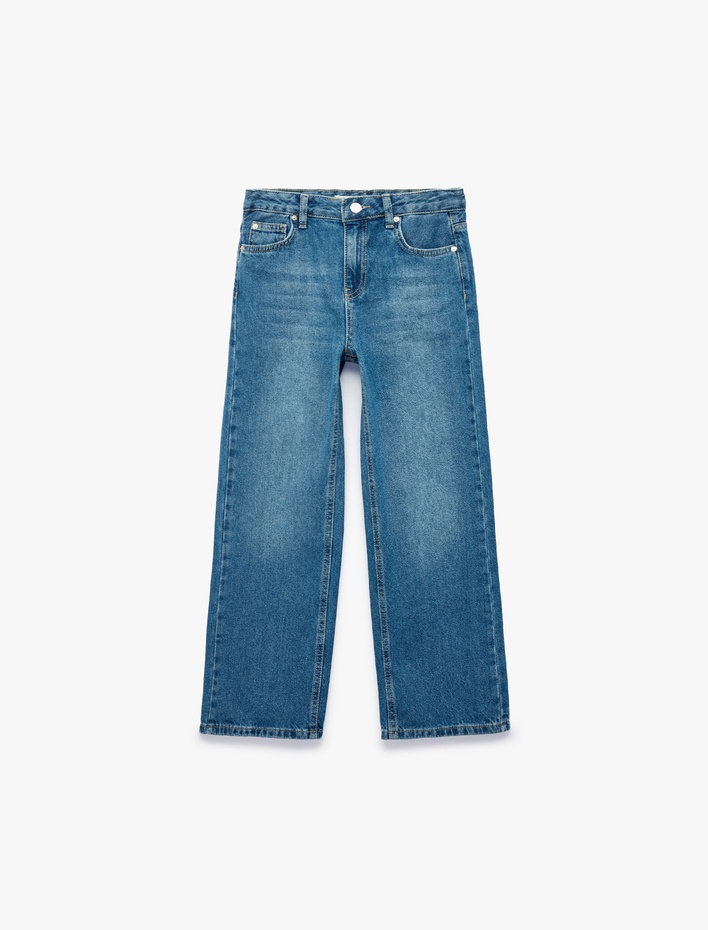 Kız Çocuk Yıldız Detaylı Pamuklu Loose Fit Geniş Paça Denim Pantolon
