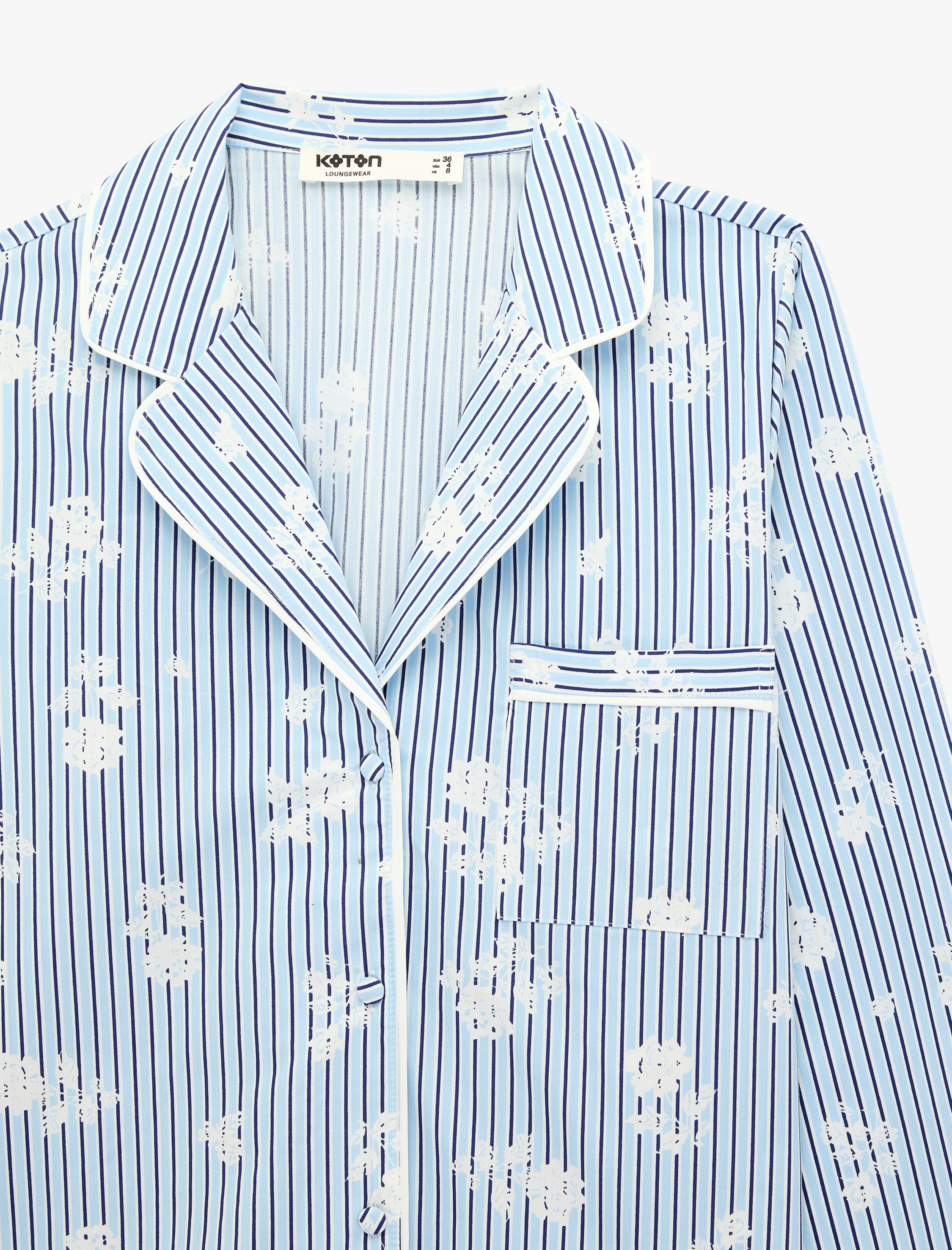   Pamuklu Cep Detaylı Uzun Kollu Çiçek Desenli Çizgili Pijama Üstü