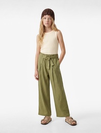 Beli Bağlamalı Keten ve Viskon Karışımlı Geniş Paça Pantolon