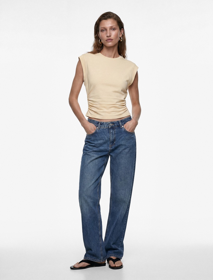  Regular Fit Pamuklu Bisiklet Yaka Kolsuz Drape Detaylı Tişört