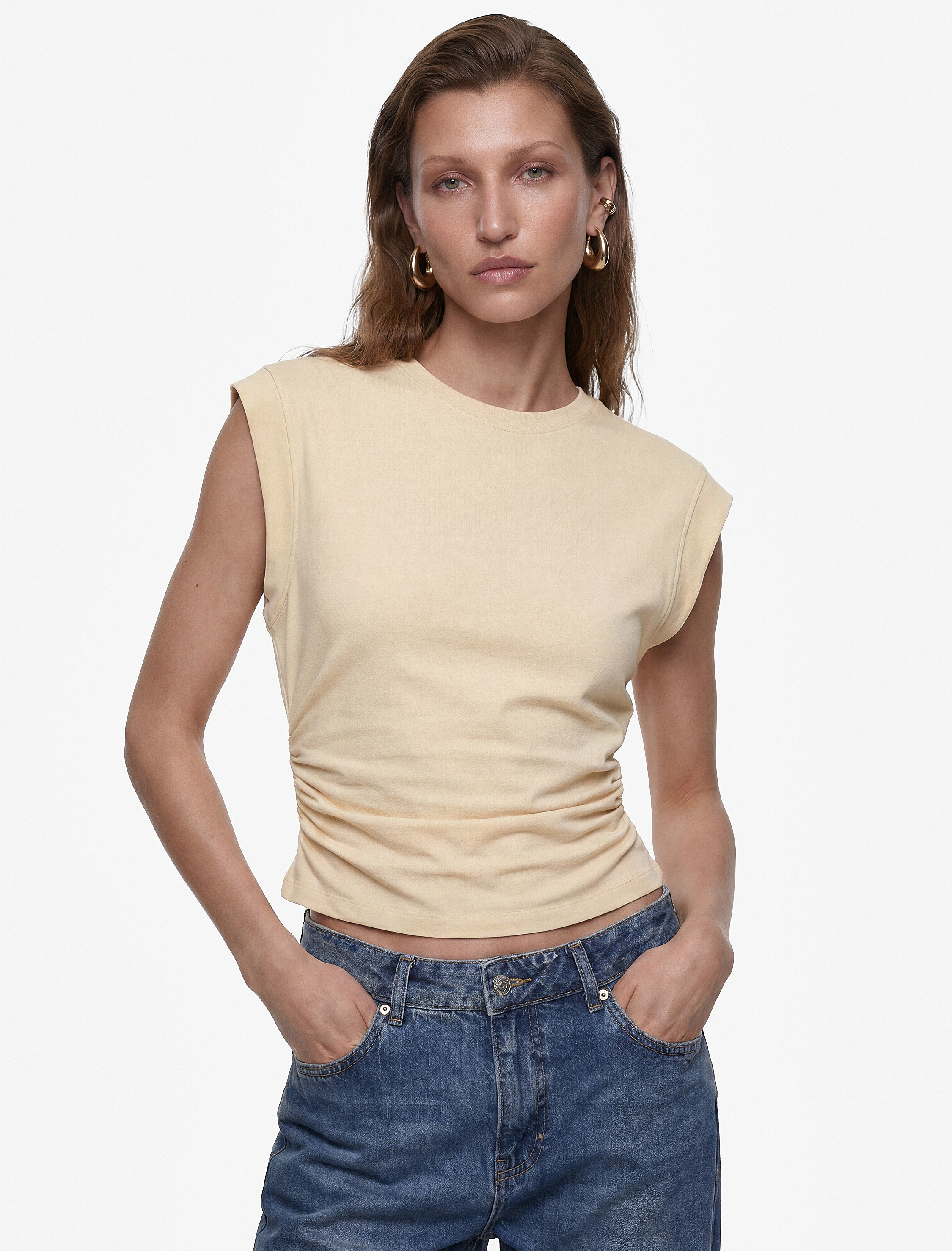   Regular Fit Pamuklu Bisiklet Yaka Kolsuz Drape Detaylı Tişört