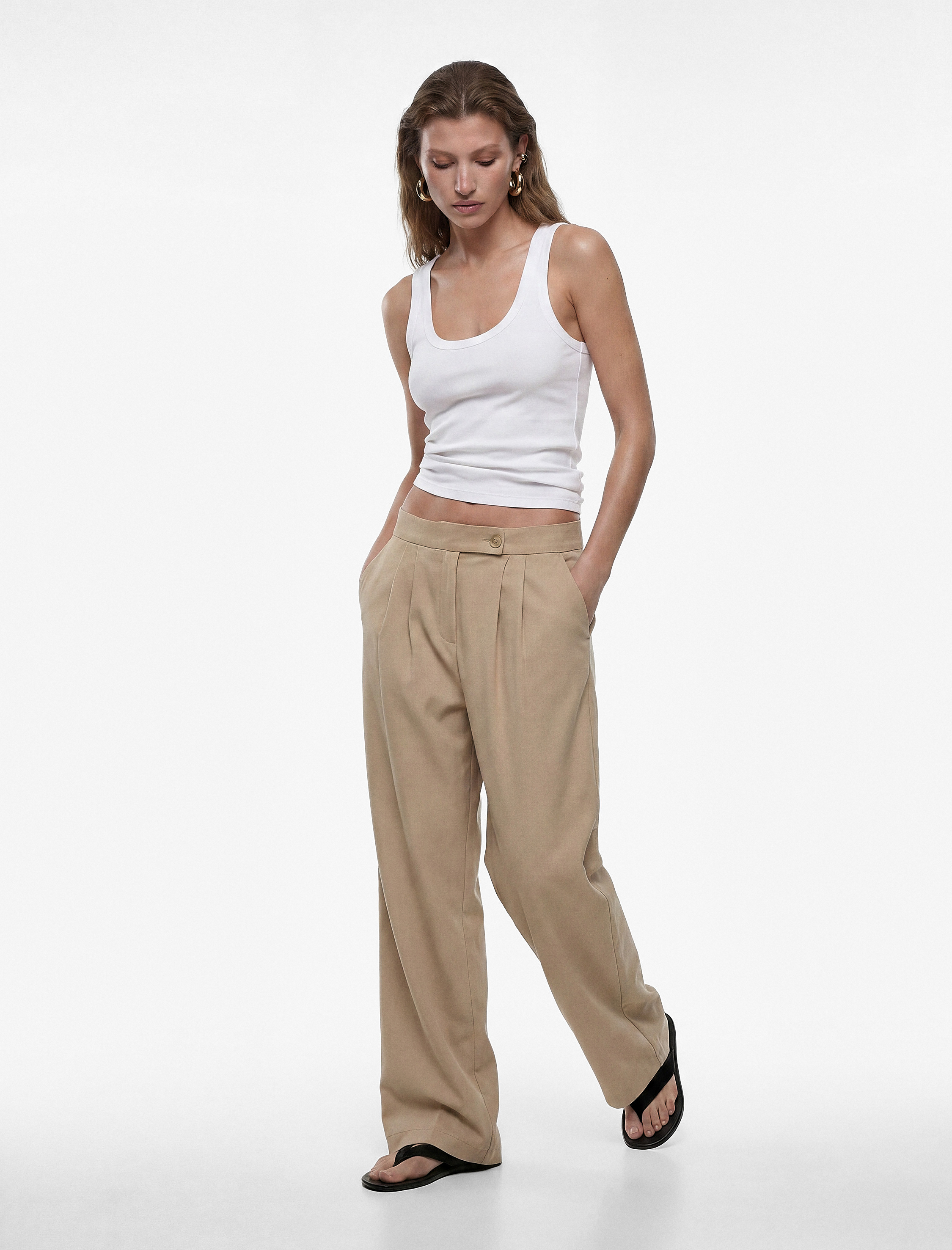   Viskon Cupro Kumaş Straight Fit Cepli Pile Detaylı Düz Bol Paça Pantolon