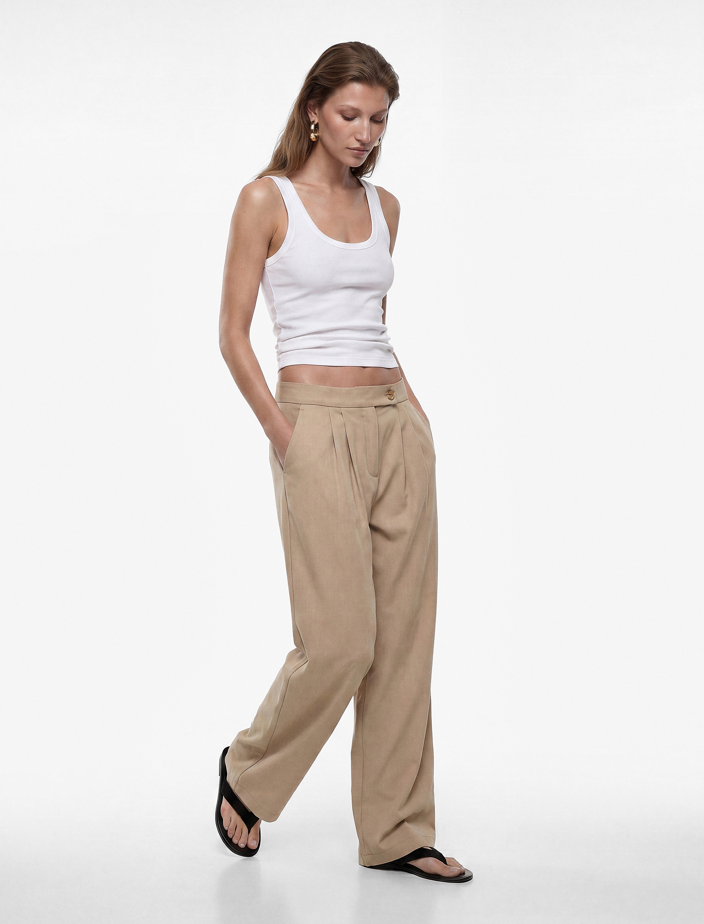  Viskon Cupro Kumaş Straight Fit Cepli Pile Detaylı Düz Bol Paça Pantolon