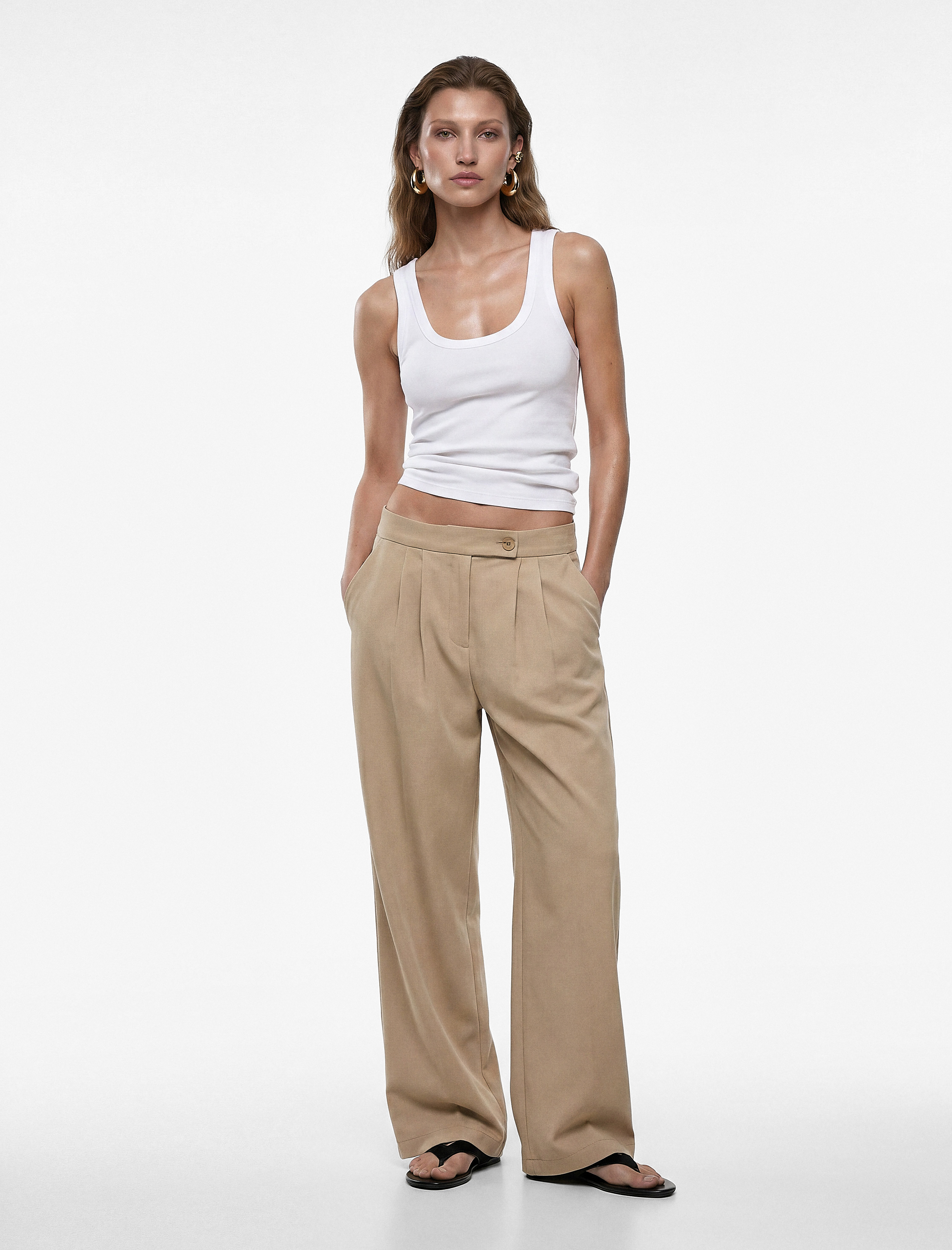   Viskon Cupro Kumaş Straight Fit Cepli Pile Detaylı Düz Bol Paça Pantolon