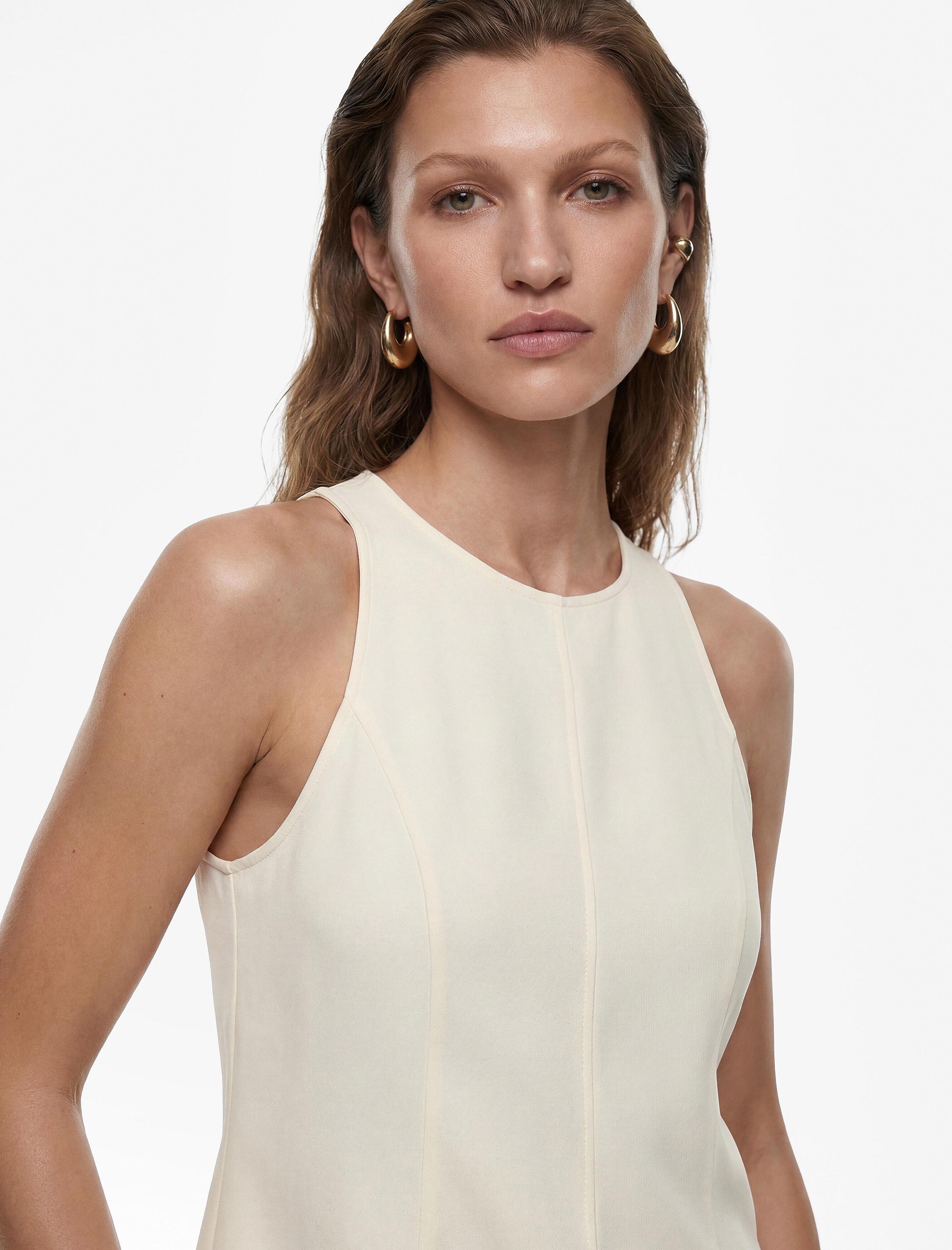   Keten Karışımlı Kolsuz Bisiklet Yaka Peplum Top