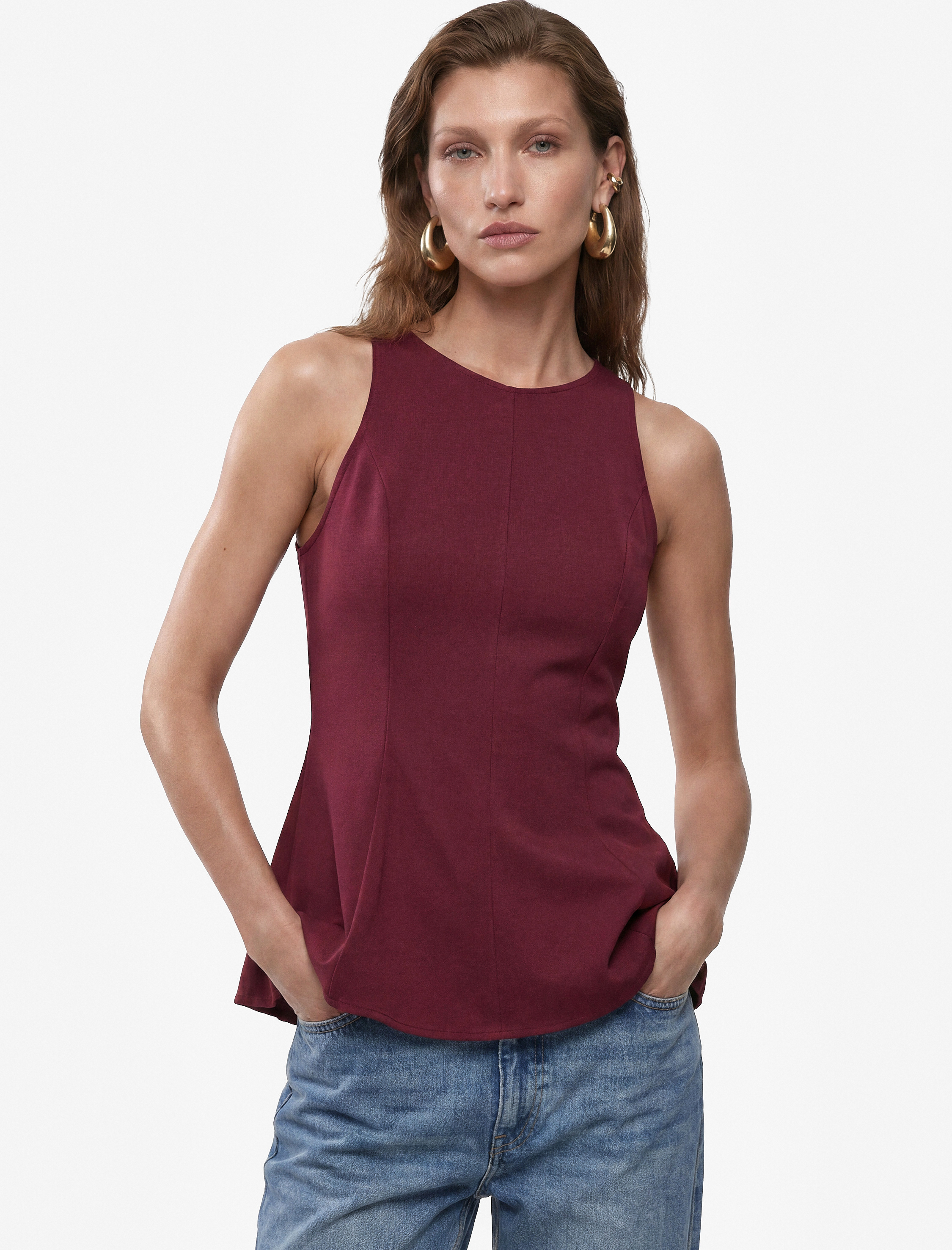   Keten Karışımlı Kolsuz Bisiklet Yaka Peplum Top