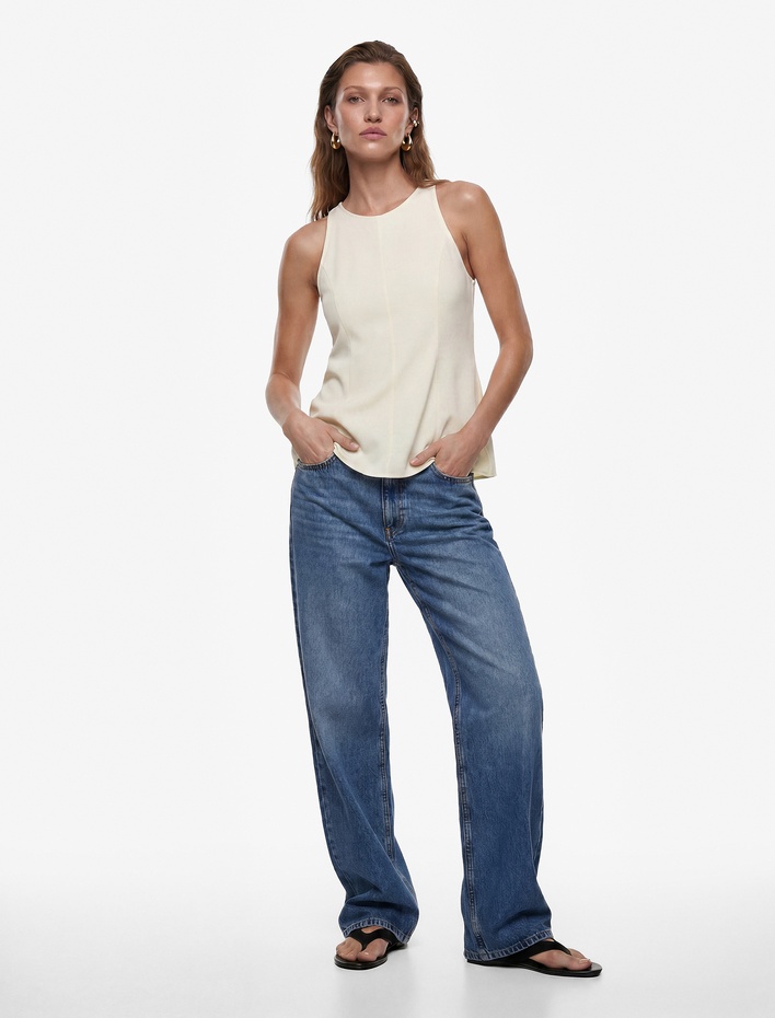  Keten Karışımlı Kolsuz Bisiklet Yaka Peplum Top