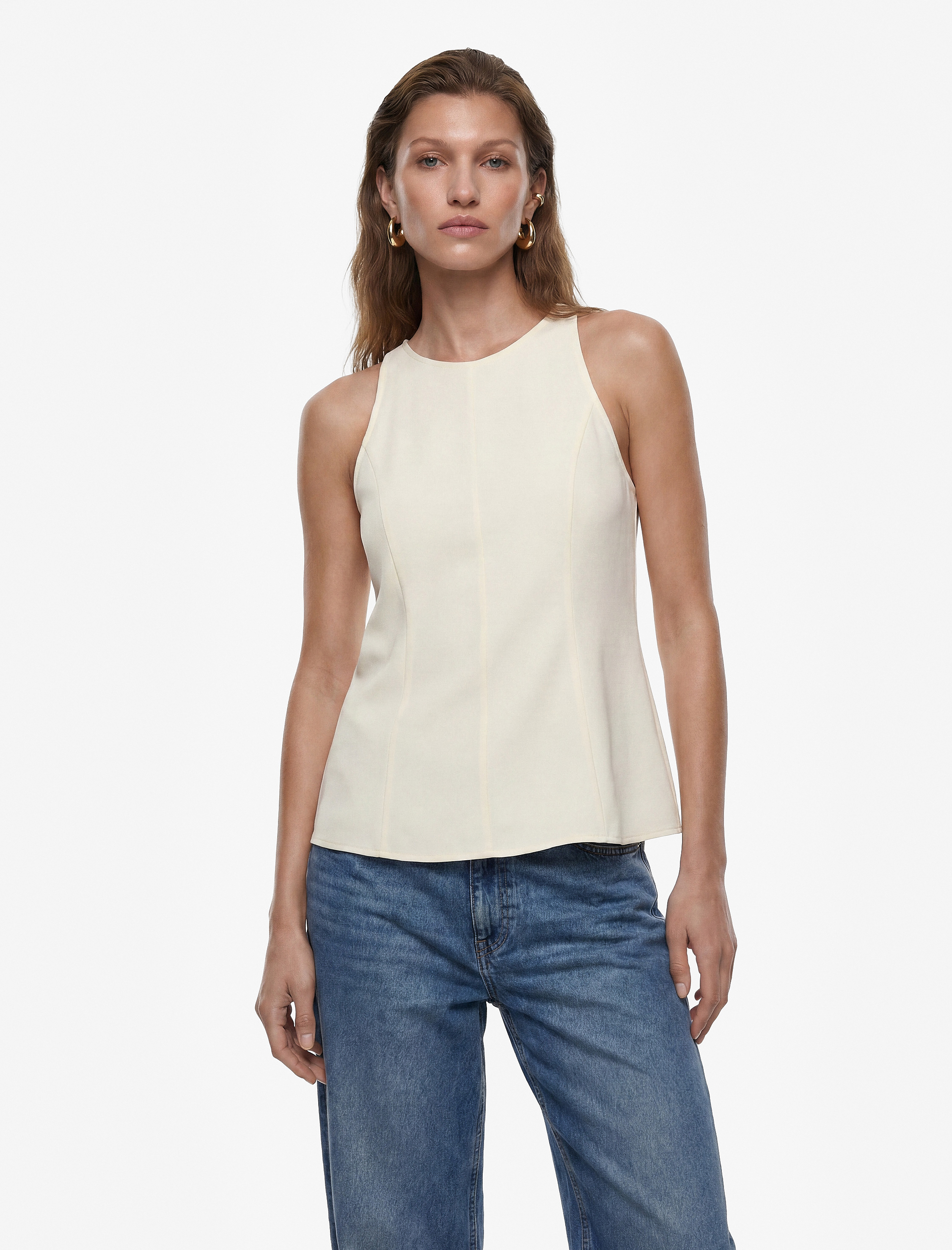   Keten Karışımlı Kolsuz Bisiklet Yaka Peplum Top