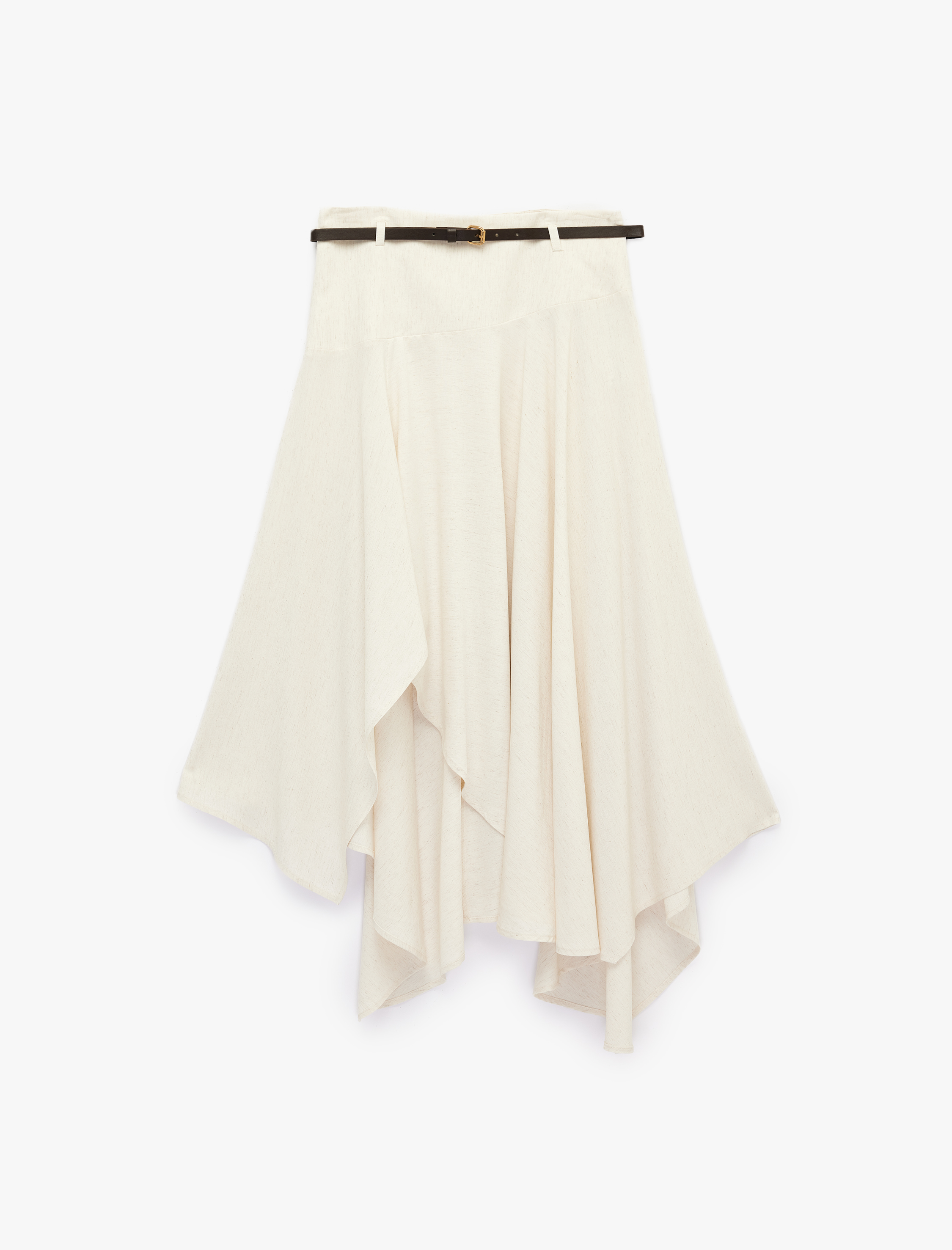   Kemer Detaylı Asimetrik Kesim Viskon Keten Karışımlı Midi Etek