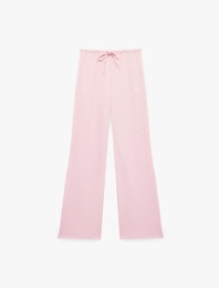Bürümcük Kumaş Dokulu Beli Bağcıklı Düz Bol Paça Pantolon