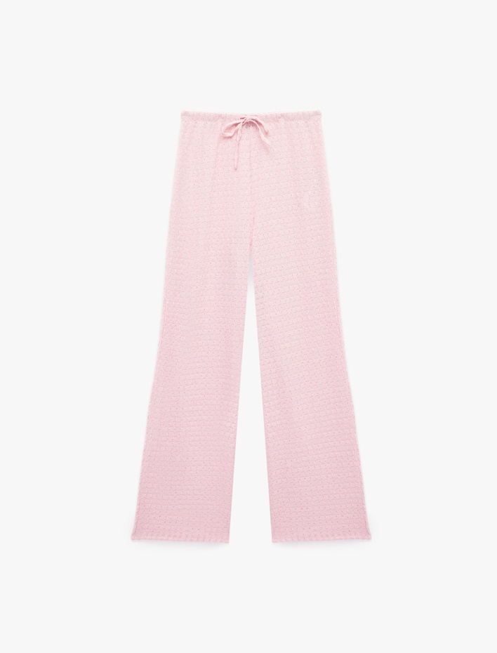  Bürümcük Kumaş Dokulu Beli Bağcıklı Düz Bol Paça Pantolon