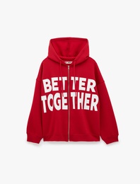 Üç İplik Şardonlu Uzun Kollu Kapüşonlu Baskılı Fermuarlı Sweatshirt