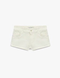 Pamuklu Cepli Düğmeli Düşük Bel Brodeli Slim Fit Mini Şort
