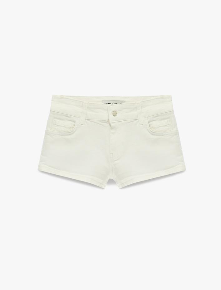  Pamuklu Cepli Düğmeli Düşük Bel Brodeli Slim Fit Mini Şort