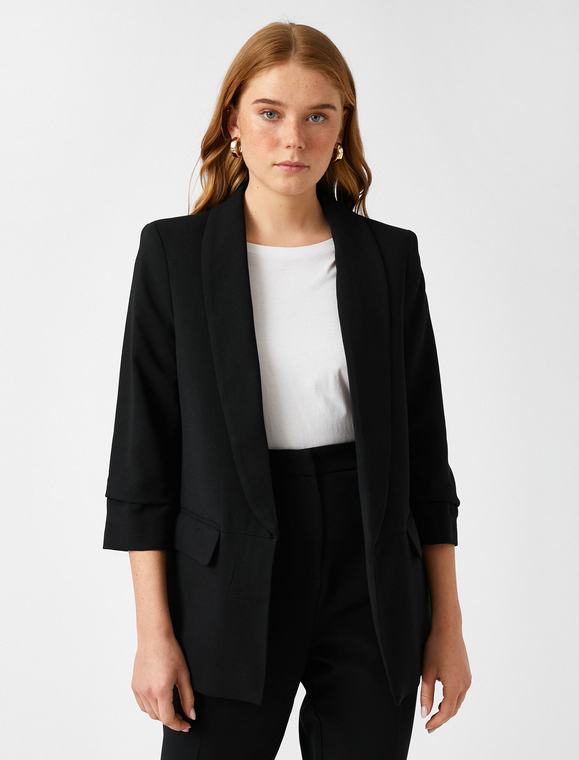   Krep Kumaş Şal Yaka 3/4 Kollu Blazer Ceket