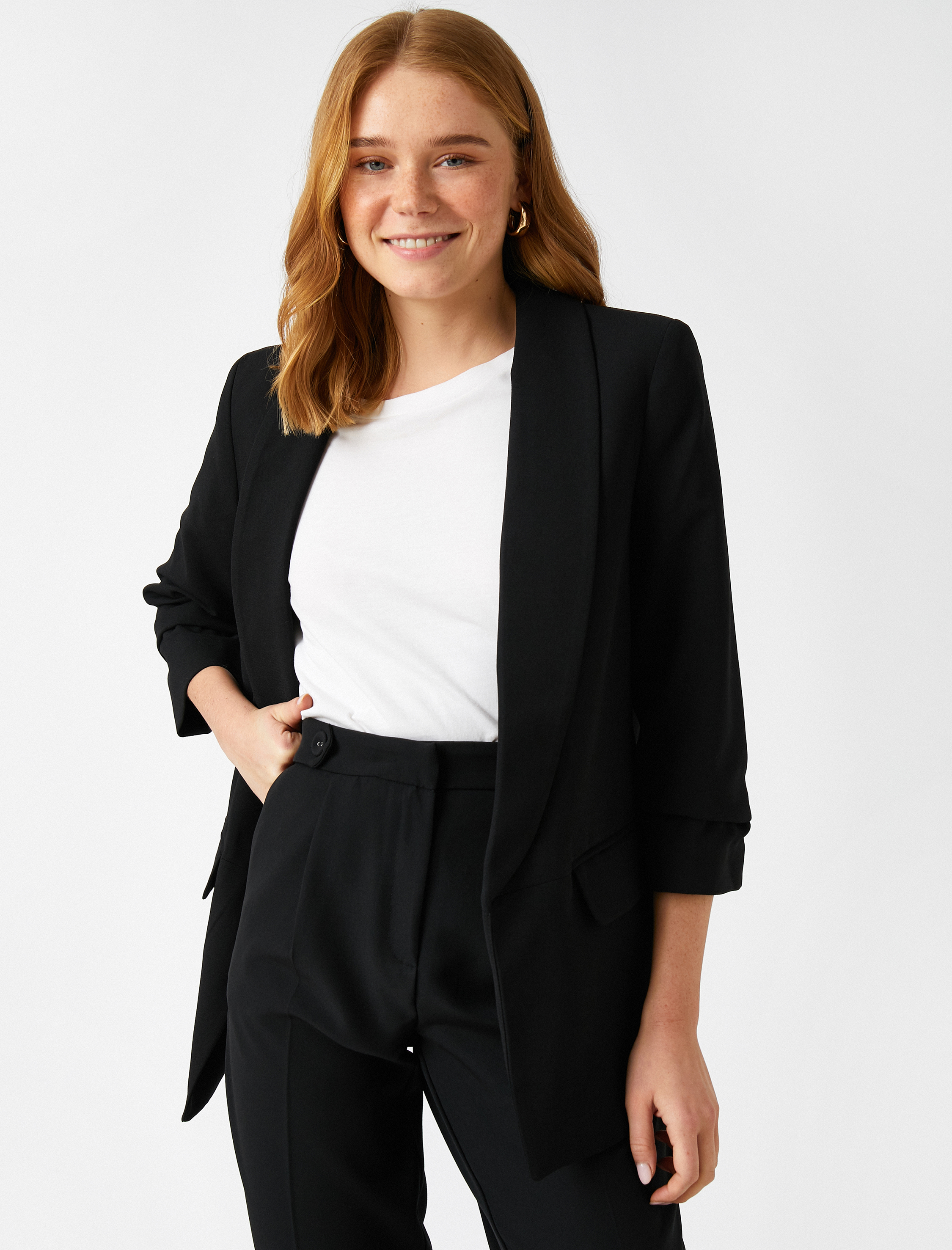   Krep Kumaş Şal Yaka 3/4 Kollu Blazer Ceket