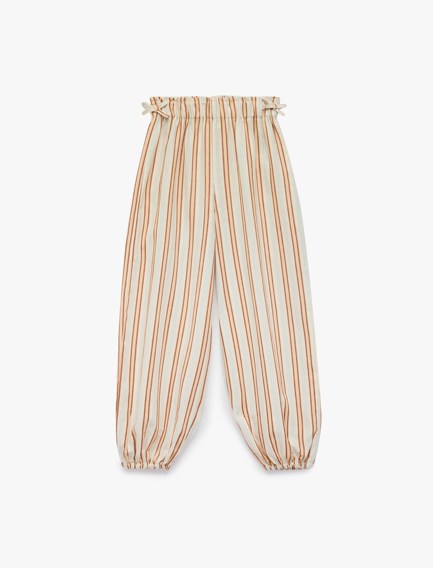 Koton Keten ve Viskon Karışımlı Fiyonklu Beli Lastikli Jogger Çizgili Balon Pantolon