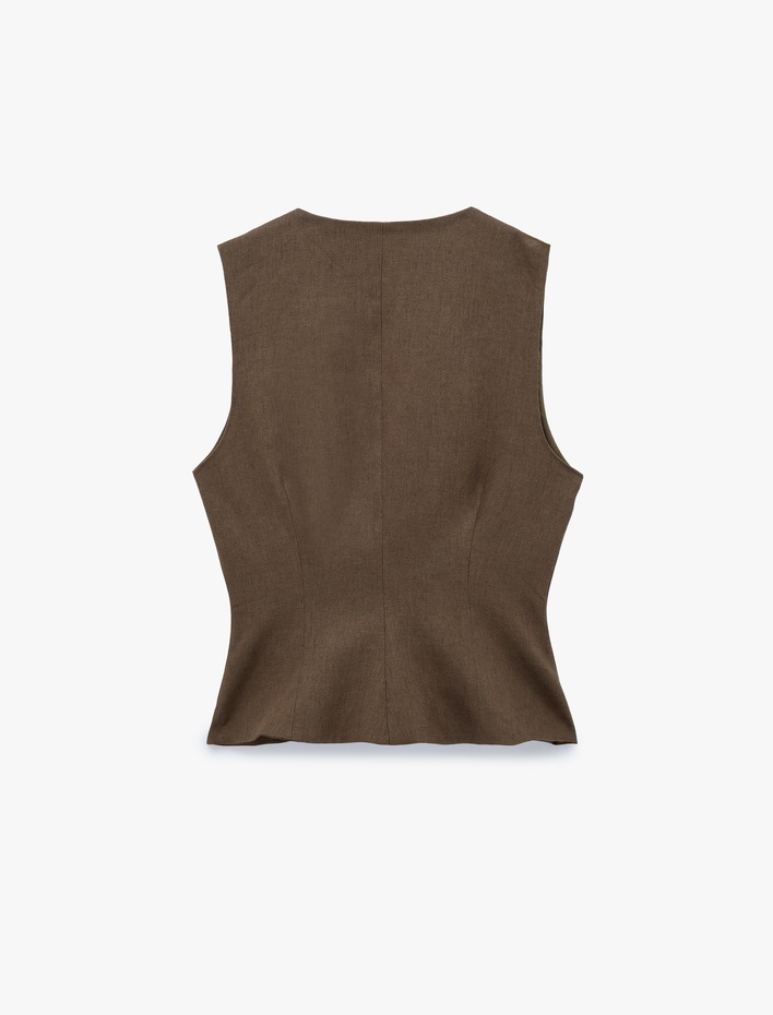  Keten Karışımlı Slim Fit Düğmeli V Yaka Yelek