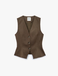 Keten Karışımlı Slim Fit Düğmeli V Yaka Yelek