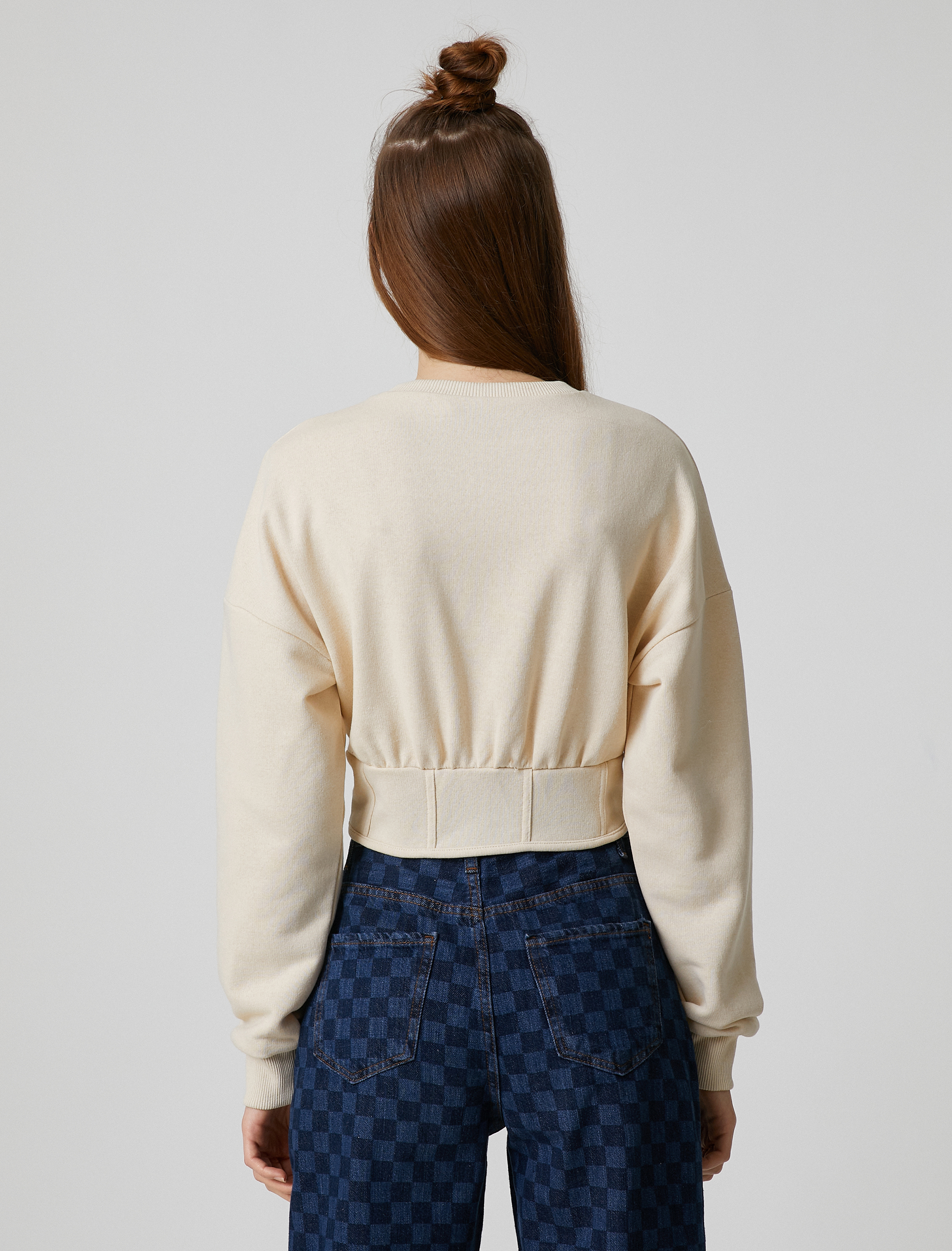   Şardonlu Crop Sweatshirt Beli Korseli Uzun Kollu Bisiklet Yaka