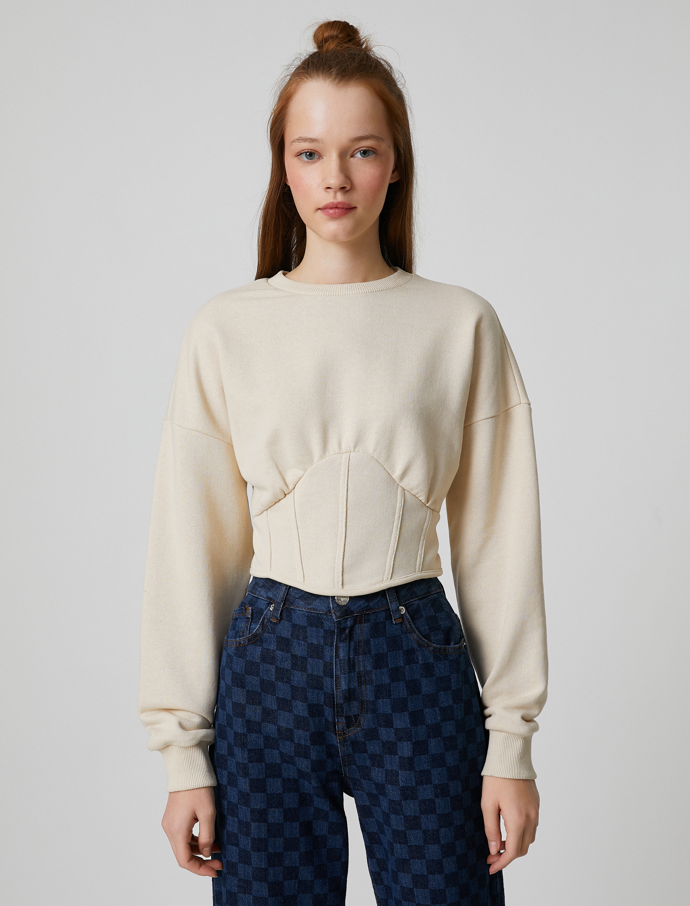   Şardonlu Crop Sweatshirt Beli Korseli Uzun Kollu Bisiklet Yaka