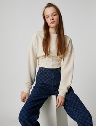 Şardonlu Crop Sweatshirt Beli Korseli Uzun Kollu Bisiklet Yaka